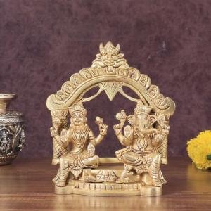 Pure Brass Ganesha & Lakshmi Seated Together Statue | 7" x 5" x 3" Divine Murti | 2.1 kg Traditional Temple Art | Prosperity Deities | Sacred Sculpture | Jaipurio